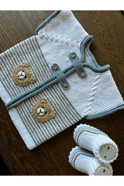 eclora design EL ÖRGÜSÜ AYICIKLI BEBEK YELEK & PATİK TAKIMI