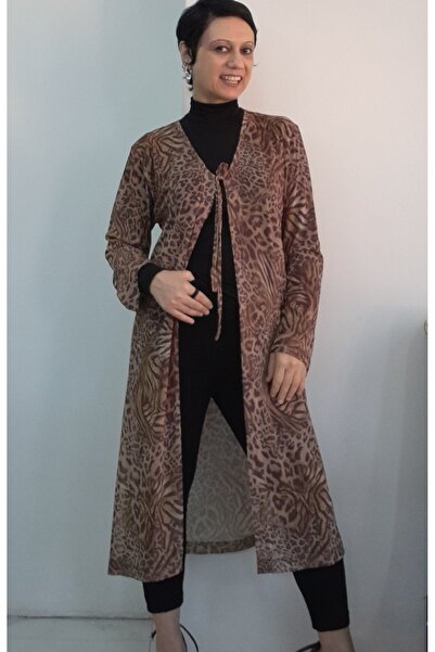 Mertcan Butik Καφέ λάτε Μακρυμάνικο τζάκετ από τούλι με κορδόνια μπροστά και λαιμόκοψη σε σχήμα V σε καφέ τόνους