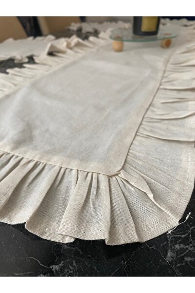 BeyceModa Keten kumaş fırfırlı bej renk bohem supla runner takımı