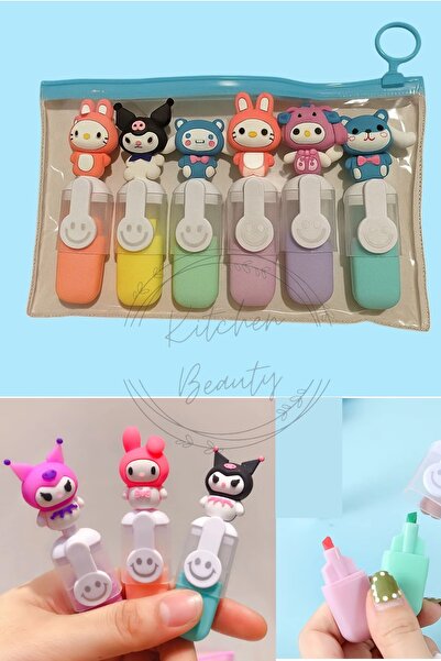 İndirimKap 6'Lı Fosforlu Kuromi Ve Hello Kitty Karikatürlü Kalem Seti İşaretl...