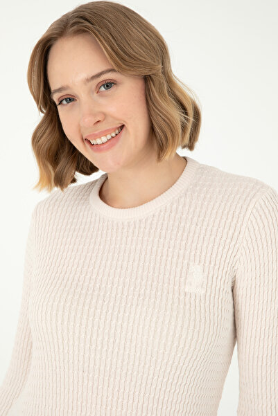 U.S. Polo Assn. Pulover Dama Bej Cu Textura Cable Si Logo Brodat