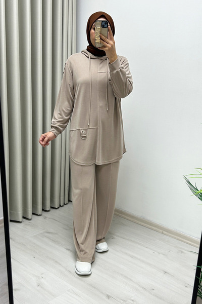 Puane New Season Modal Honeycomb Fabric Hooded Accessory Detailed Hijab Women's Two-Piece Set