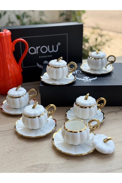AROW 6 Kişilik Lüks Kabaklı Porselen Beyaz Kahve Takımı