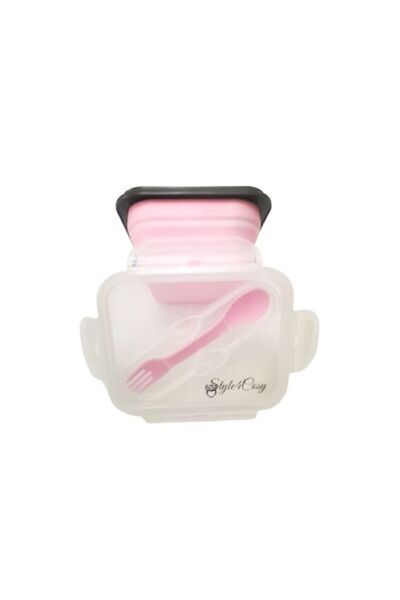 Style4Cosy Foldable Silicone Lunch Box Clip&Close with Spoon and Fork, Style4Cosy, 15 cm Length, Pink Petal