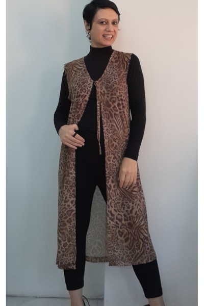 Mertcan Butik Brown Latte-Toned V-Neck Front Lace-Up Leopard Print Gauze Vest