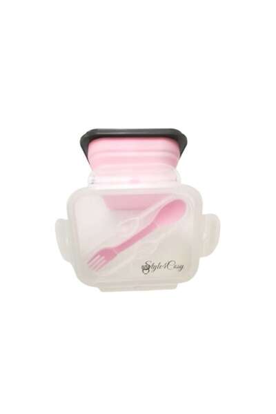 Style4Cosy Foldable Silicone Lunch Box Clip&Close with Spoon and Fork, Style4Cosy, 15 cm Length, Pink Petal