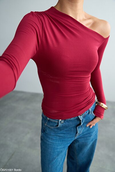 ibeeka Women's Asymmetrical Neckline Long Sleeve Blouse – One Shoulder Burgundy - Black - Ecru