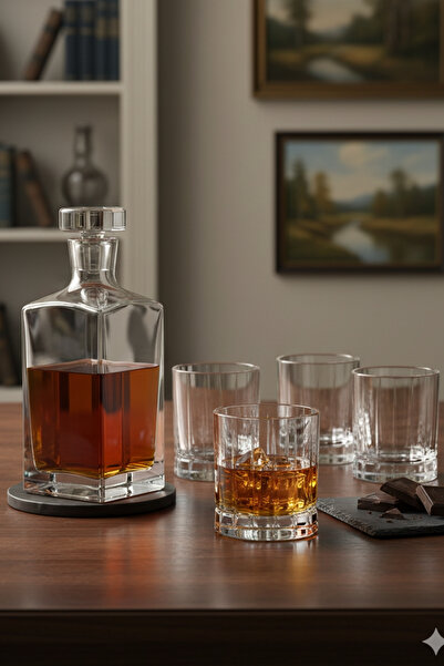 Paşabahçe Prisma Viski Şişesi (800cc) ve 4 Adet NudeGlass Wayne Viski Bardağı (250cc) Seti