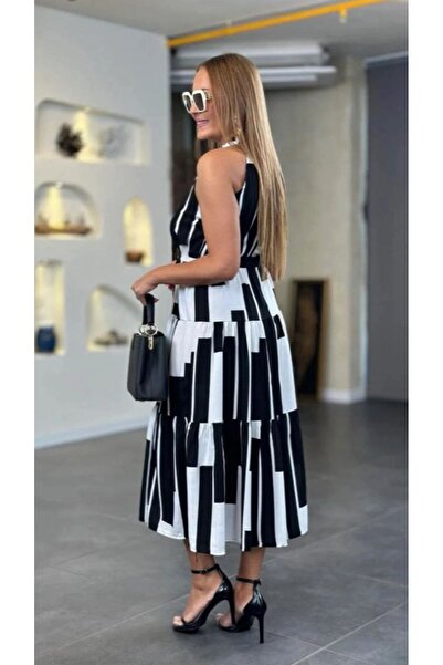 HepsitrentStore Halter Neck Belted Waist Black and White Color Gradient Casual Dress