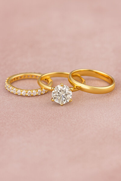 Laboratuvar Pırlantası Lp 14 ayar altın kaplama Işıklı kutuda tamtur tektaş ve alyans yüzük