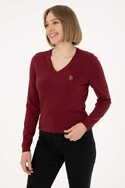 U.S. Polo Assn. Pulover Bordo Dama Cu Guler In V