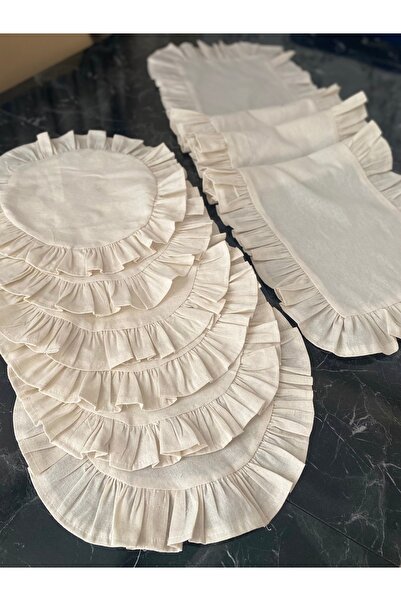 BeyceModa Keten kumaş fırfırlı bej renk bohem supla runner takımı