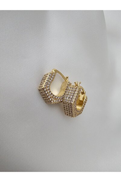 Zivazer Store Kadın çelik kararmaz taşlı 14k gold renginde halka küpe