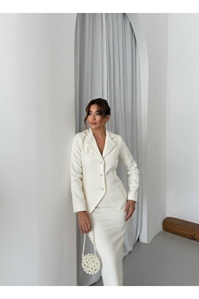 1Moda1Tarz Women's Imported Tweed Fabric Pearl Embroidered Lined Jacket Skirt Bottom-Top Set