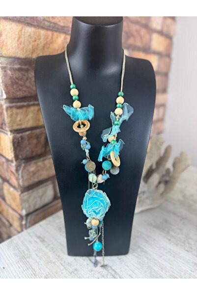 SEDEF TAKI Mavi tüllü uzun ahşap kolye