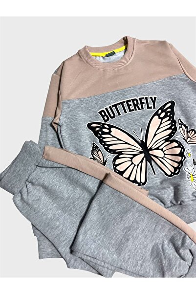 tusem butik homewear Girl's Cotton Gray Baby Butterfly Flower Patterned Long Sleeve Tracksuit Set