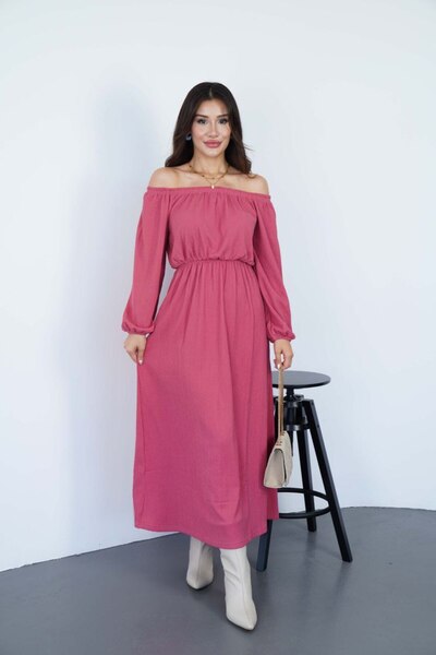 Giyimsel Kayik Yaka Beli̇ Lasti̇kli̇ Bürümcük Kumaş Kadin Elbi̇se