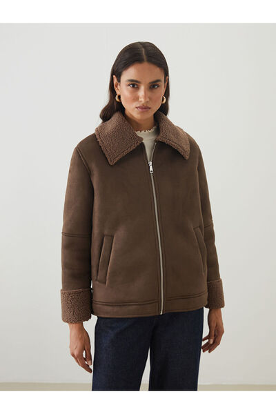 LC Waikiki Mg Trenden Brown Fur Collar Oversized Women's Suede Look Coat