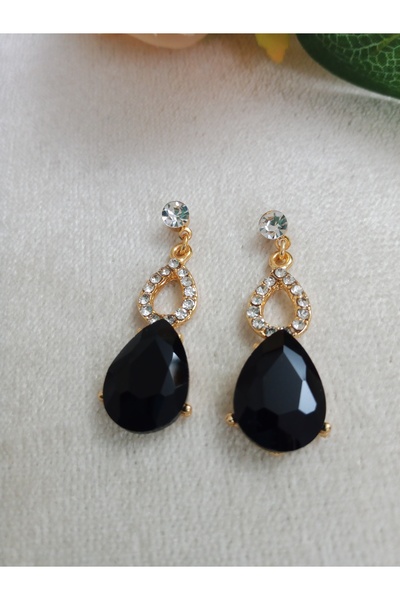 Pervin Ablacım Gold Dangling Earrings with Black Drop Stones