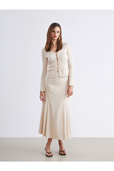 LC Waikiki Ekru Beli Lastikli Dokulu Pileli Etek