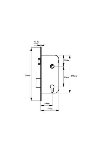 OEM Recessed lock, interior door, dimensions 22×240, backset 45mm, interax 85mm, for cylinder, nickel