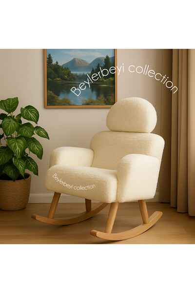 BEYLERBEYİ Sallanan sandalye, ayarlanabilir başlıklı sallanan, krem renkli peluş kumaş, tekli koltuk, berjer
