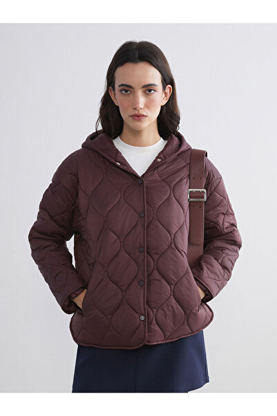 LC Waikiki Γυναικείο πουπουλένιο παλτό μπορντό με κουκούλα καπιτονέ
