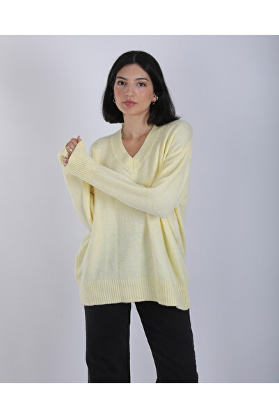 deqfashion Women's Yellow V-Neck Oversize Loose Knit Sweater