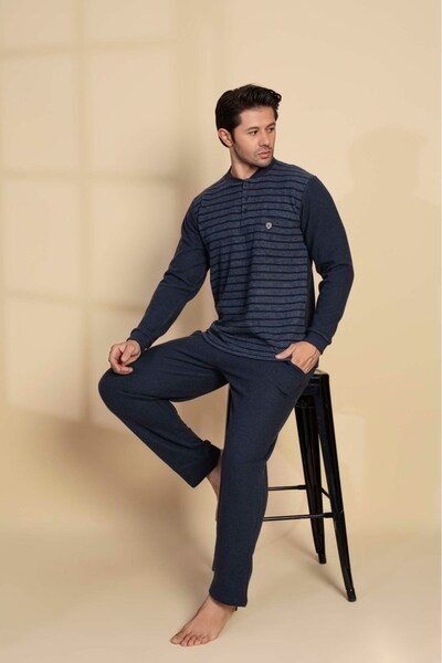 GUAVA+ Guava Erkek 3 Düğmeli Desenli Uzun Kol Göğüs Cepli Selanik Kumaş Kışlık Kalın Cepli Pijama Takımı