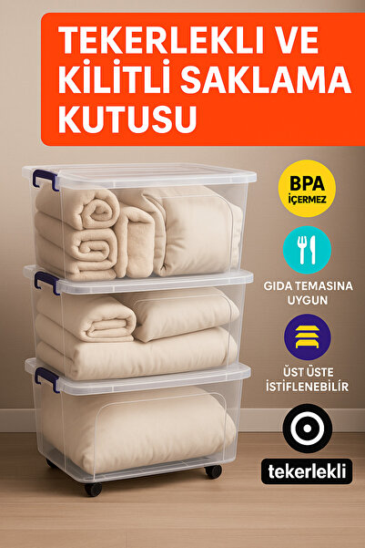 Loremp 3'lü Set 80 LT Tekerlekli Kilitli Şeffaf Saklama Kutusu Büyük Boy Plas...