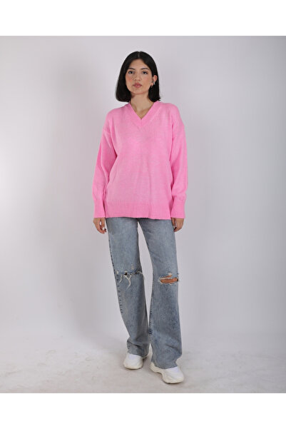 deqfashion Kadın Pempe V Yaka Oversize Salaş Triko Kazak