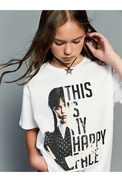 LC Waikiki Tricou alb pentru fete cu imprimeu Wednesday, cu guler tip bicicletă