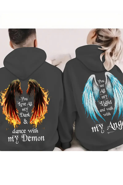 darkopia Unisex Dear Couple Combination Demon and Angel Back Printed Design Hooded Sweatshirt 2-Piece Set