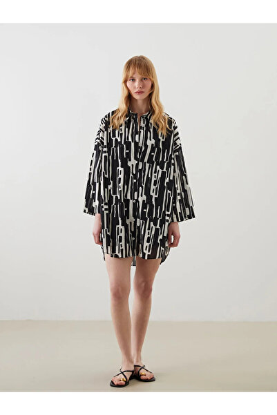 LC Waikiki Black Shirt Collar Patterned Women's Beach Dress