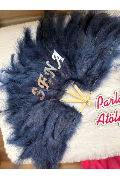SOFT Navy blue bridal fan with name written in silver color