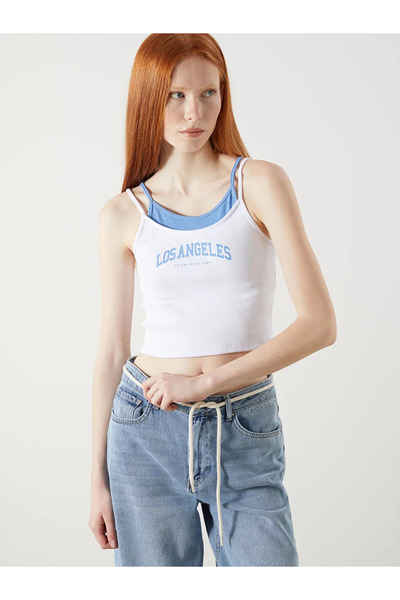 LC Waikiki White U-Neck Double-Look Style Crop Top with Rope Straps