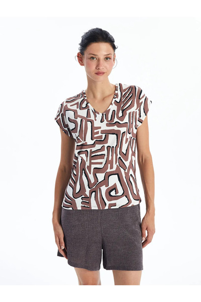 LC Waikiki V-Neck Patterned Short Sleeve Women's T-Shirt