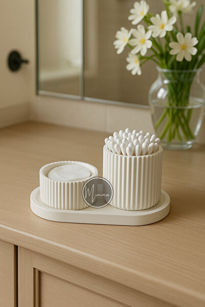 Minima Art Studio Beyaz Ribbed Banyo Organizer Seti – Kulak Çubuğu ve Makyaj ...