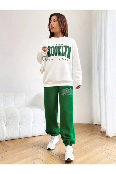 darkopia Unisex Brooklyn New York Printed Oversize 3 Thread Crew Neck Sweatshirt Tracksuit Set