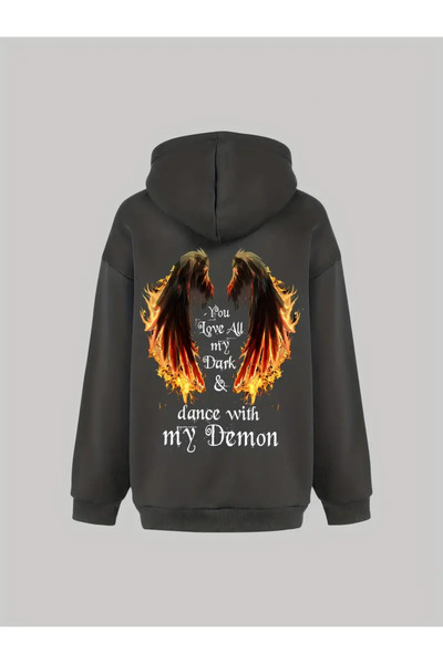 darkopia Unisex Dear Couple Combination Demon and Angel Back Printed Design Hooded Sweatshirt 2-Piece Set