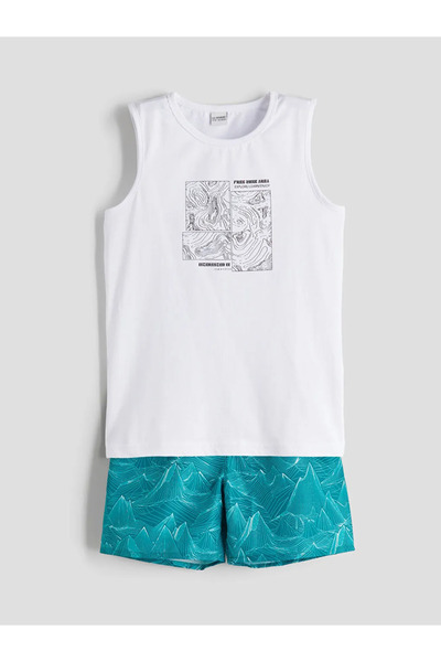 LC Waikiki Green Crew Neck Boys Tank Top and Swim Shorts
