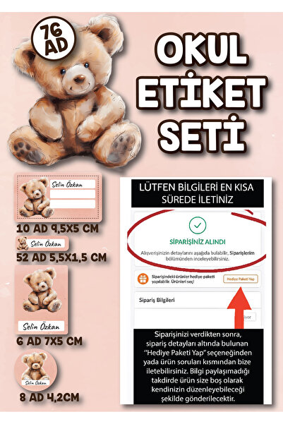 ca kay bu Okul Etiket Seti 76 Adet – Ayıcık Desenli İsimlik Sticker | Defter,...