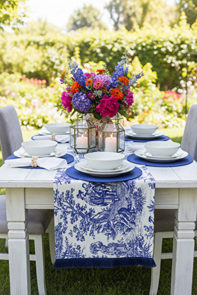 shopshop English French Country Pattern Presentation Set 6 Pieces American Service Tablecloth 1 Piece Tasseled Runner Cover