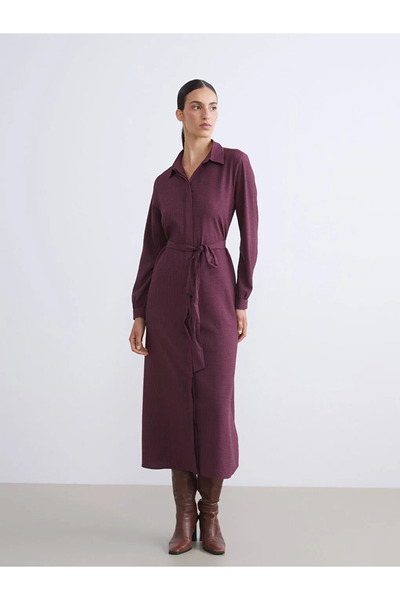 LC Waikiki Beli Kuşaklı Dokulu Gömlek Elbise