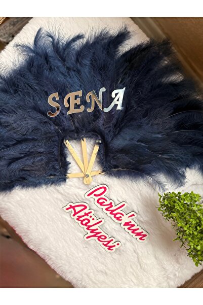 SOFT Тъмносин сватбен ветрило с гравирано име, сребрист цвят