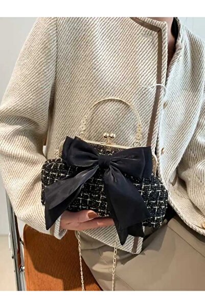 ÇANTA French Fashion Vintage Black Ribbon Design Chain Strap Casual Women's Shoulder Bag Trendy Arm Bag
