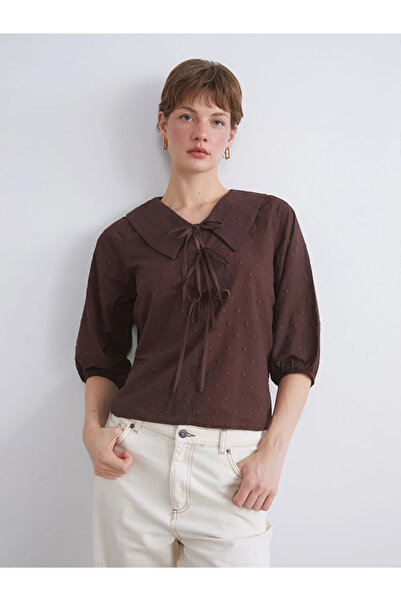 LC Waikiki Brown Peter Pan collar Embroidered Bow Blouse