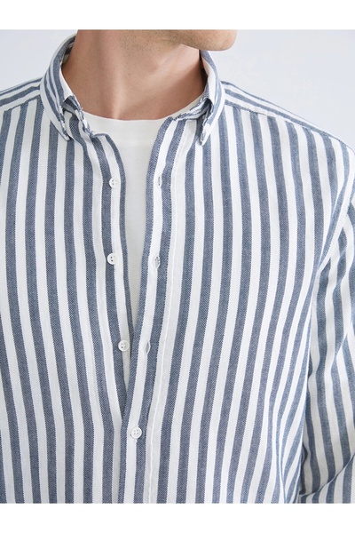 LC Waikiki Indigo Regular Fit Uzun Kollu Çizgili Erkek Gömlek