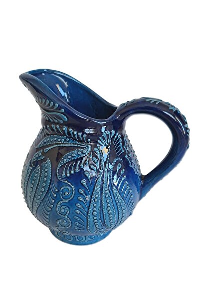 mertyavm Dekoratif Turkuaz Seramik Sürahi 21cm El Yapımı Vintage Desenli Hediyelik Çini Sürahi