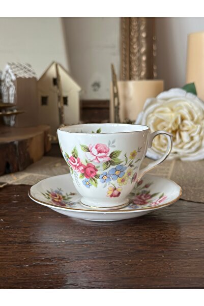 Duchesse Antika İngiliz Duchess Porselen Renkli Çiçekli Yaldızlı Çay Fincanı ...